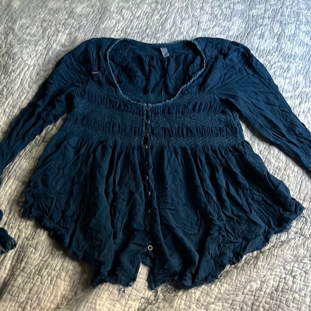 dark blue button down blouse